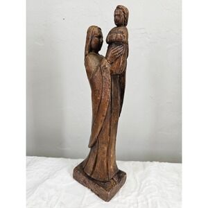Antique early 1900s Virgin Mary w child‎ Statue 10.5in Brown Good